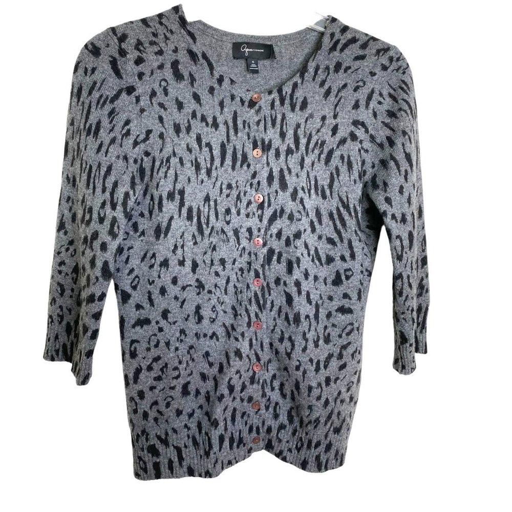 AQUA Cashmere Women’s S Gray Black Leopard Print 100% Cashmere Cardigan Academia